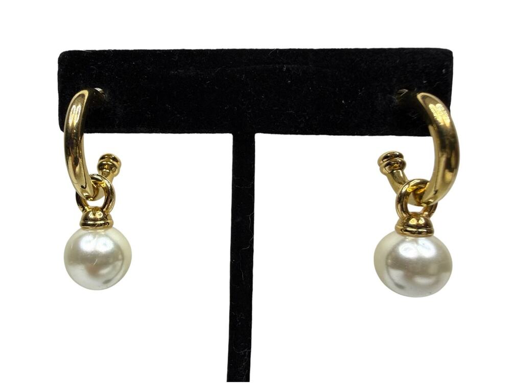 Elegant Gold Tone Hoop Drop Earrings with Faux Pearl Dangle Fashion Jewelry 1.5"